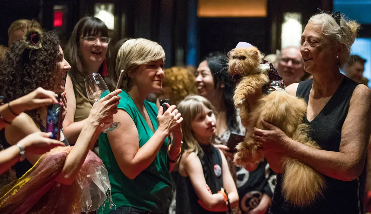 Kucing Aodhan memakai busana fedora saat mengikuti fashion show kucing di Hotel Algonquin di New York, (2/8). Acara penggalangan dana ini untuk membantu 150 hewan lebih yang berhasil diselamatkan dan kini di penampungan hewan. (AP Photo/Mary Altaffer)
