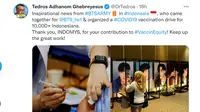 Bos WHO, Tedros Adhanom Ghebreyesus memberikan apresiasi langsung kepada BTS ARMY Indonesia atas penyelenggaraan vaksinasi COVID-19. (Foto: Tangkapan layar Twitter @drtedros)
