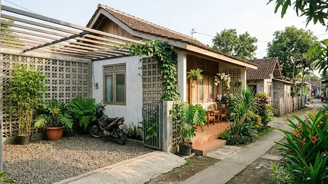 Desain Rumah Kampung dengan Roster dan Tanaman
