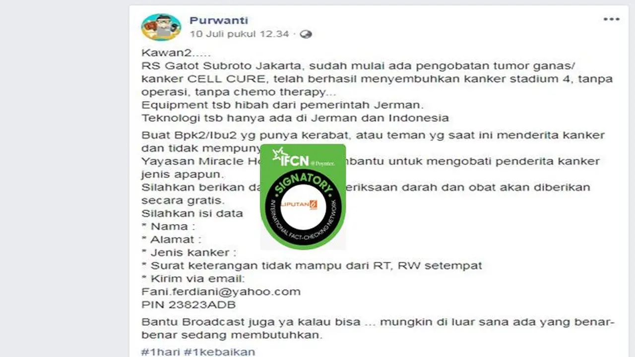 [Cek Fakta] Gambar Tangkapan Layar Pesan Berantai Soal Pengobatan Penyakit Kanker