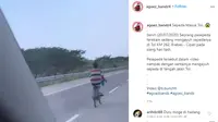 Dalam video tersebut terlihat seorang pria nekat memasuki jalan tol dengan menggunakan sepeda (@agoez_bandz4).