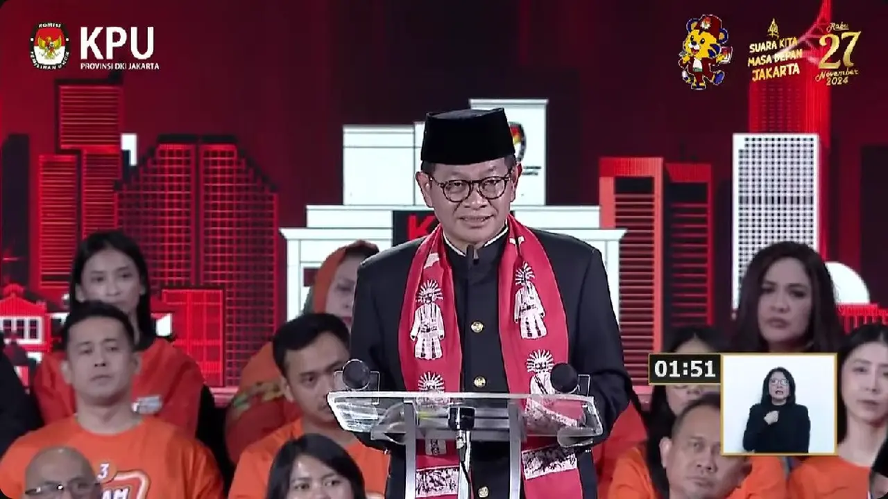 Calon gubernur (Cagub) nomor urut 3 Pramono Anung saat debat terakhir atau debat ketiga Pilkada Jakarta 2024.