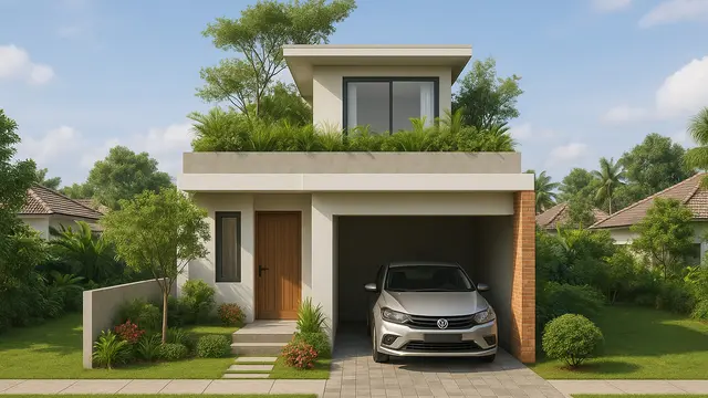 Desain Rumah Sederhana 7x12 dengan Taman Mini dan Garasi/Ilustrasi gambar oleh AI