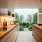 Model Dapur Kecil dengan Tanaman Hijau di Belakang dan Sekat Minimalis/AI