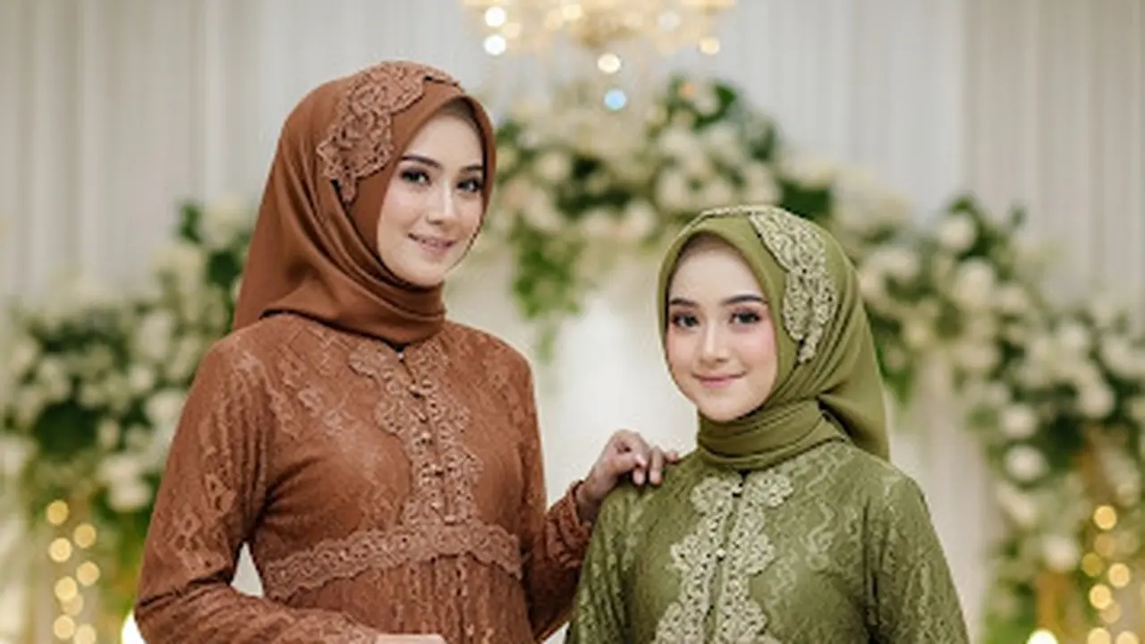 Long Dress Brokat Muslimah dengan Hijab Serasi