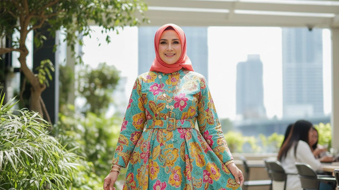 Gamis Batik Floral A-Line dengan Belt