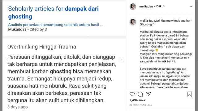 Unggahan ibunda Felicia Tissue. (Foto: Instagram @meilia_lau)