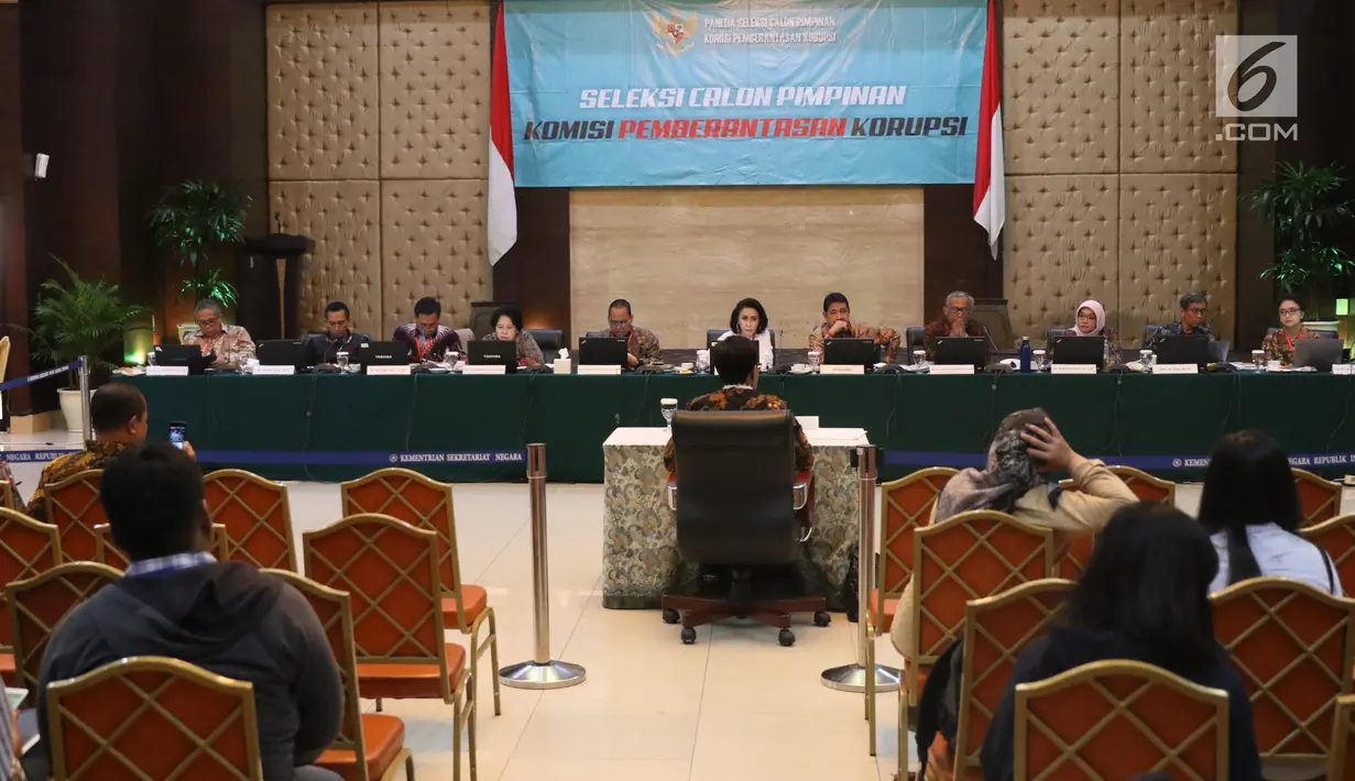 Suasana tes wawancara dan uji publik Calon Pimpinan Komisi Pemberantasan Korupsi (Capim KPK) periode 2019-2023 di Kementerian Sekretariat Negara, Jakarta, Kamis (29/8/2019). Enam orang capim KPK yang tersisa menjalani uji publik hari ketiga. (Liputan6.com/Angga Yuniar)