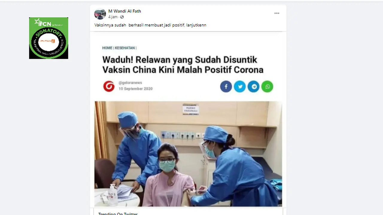 Penelusuran Klaim Vaksin Sinovac China Membuat Relawan Menjadi Positif Covid-19