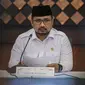 Menteri Agama (Menag) Yaqut Cholil Qoumas menggelar konferensi pers di Gedung Kementerian Agama, Jakarta, Kamis (3/6/2021). Pemerintah memastikan tidak memberangkatkan jemaah haji Indonesia pada musim haji 1442 H/2021 M. (Liputan6.com/Faizal Fanani)