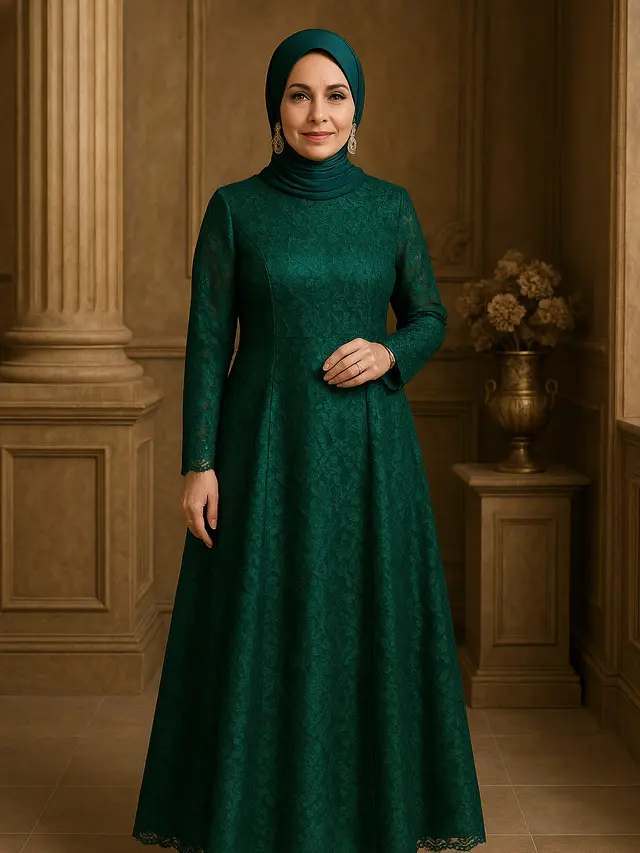 Model Gamis Brokat Warna Emerald Green 2025 untuk Usia 45 Tahun