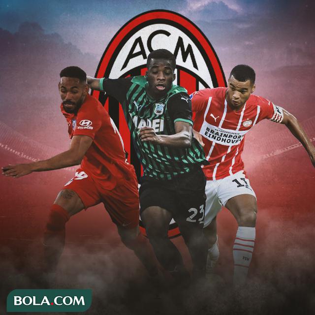 Ilustrasi - Cody Gakpo, Hamed Traore, Matheus Cunha Bacgkround Logo AC Milan