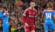 Selebrasi Andy Robertson dalam laga&nbsp;Liverpool vs Atletico Madrid di Liga Champions 2025/2026, Kamis (18/9/2025). (AP Photo/Jon Super)