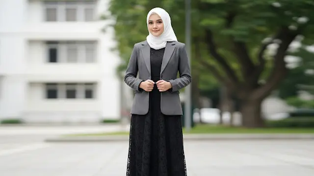 Dress Simple Lace Hitam + Blazer Abu-Abu