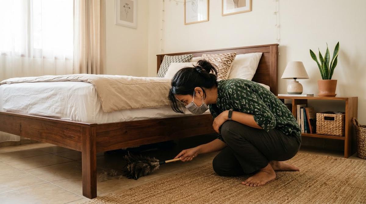 Membersihkan Debu di Kolong Tempat Tidur