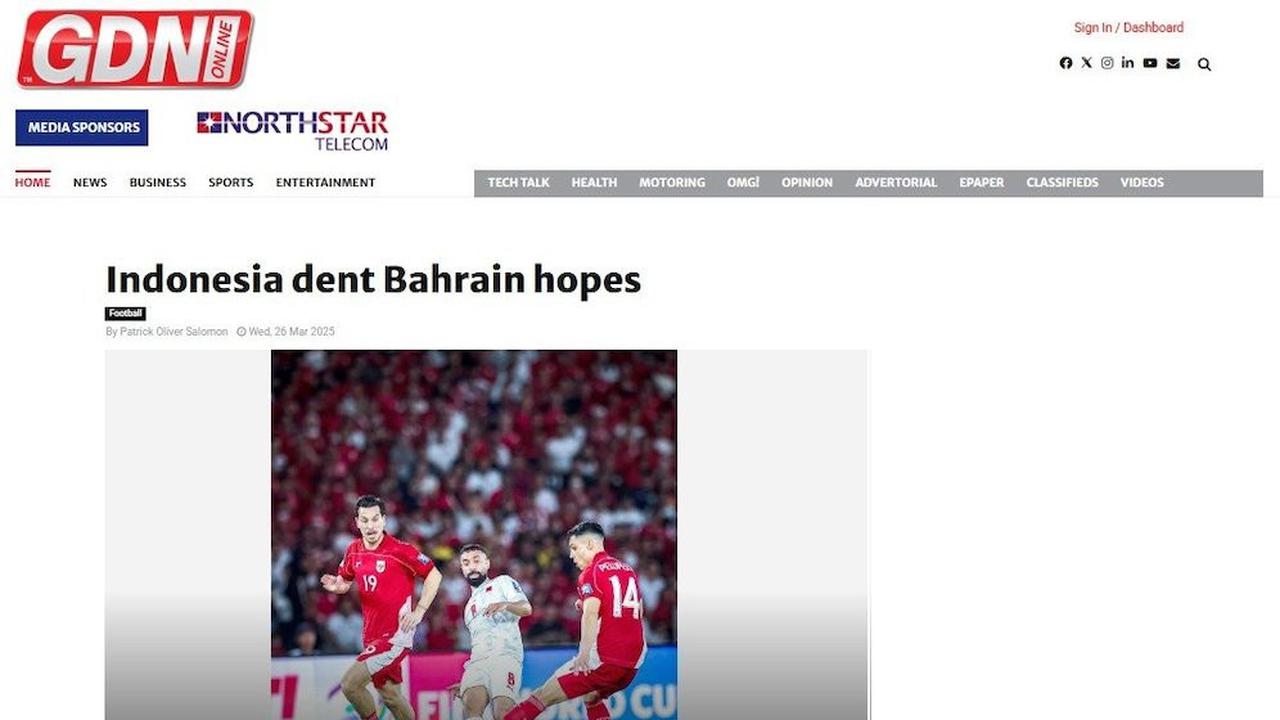 Berita kekalahan Bahrain dari Indonesia di media gdnonline.com (c) Bola