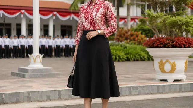 Blus Batik Merah Putih dan Rok A-Line Hitam