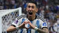 Pemain Timnas Argentina, Angel Di Maria melakukan selebrasi setelah mencetak gol kedua Argentina ke gawang Timnas Prancis dalam laga final Piala Dunia 2022 di Lusail Stadium, Lusail, Qatar, Minggu (18/12/2022) malam WIB. (AP Photo/Natacha Pisarenko)