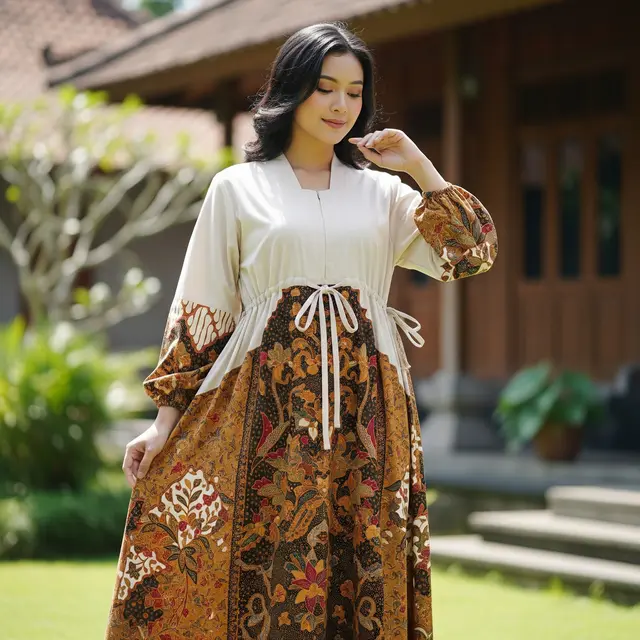 Batik Gamis Kombinasi Polos dengan Model Lengan Balon