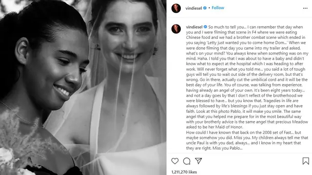 Unggahan Vin Diesel atas delapan tahun meninggalnya Paul Walker. (Instagram/ vindiesel)
