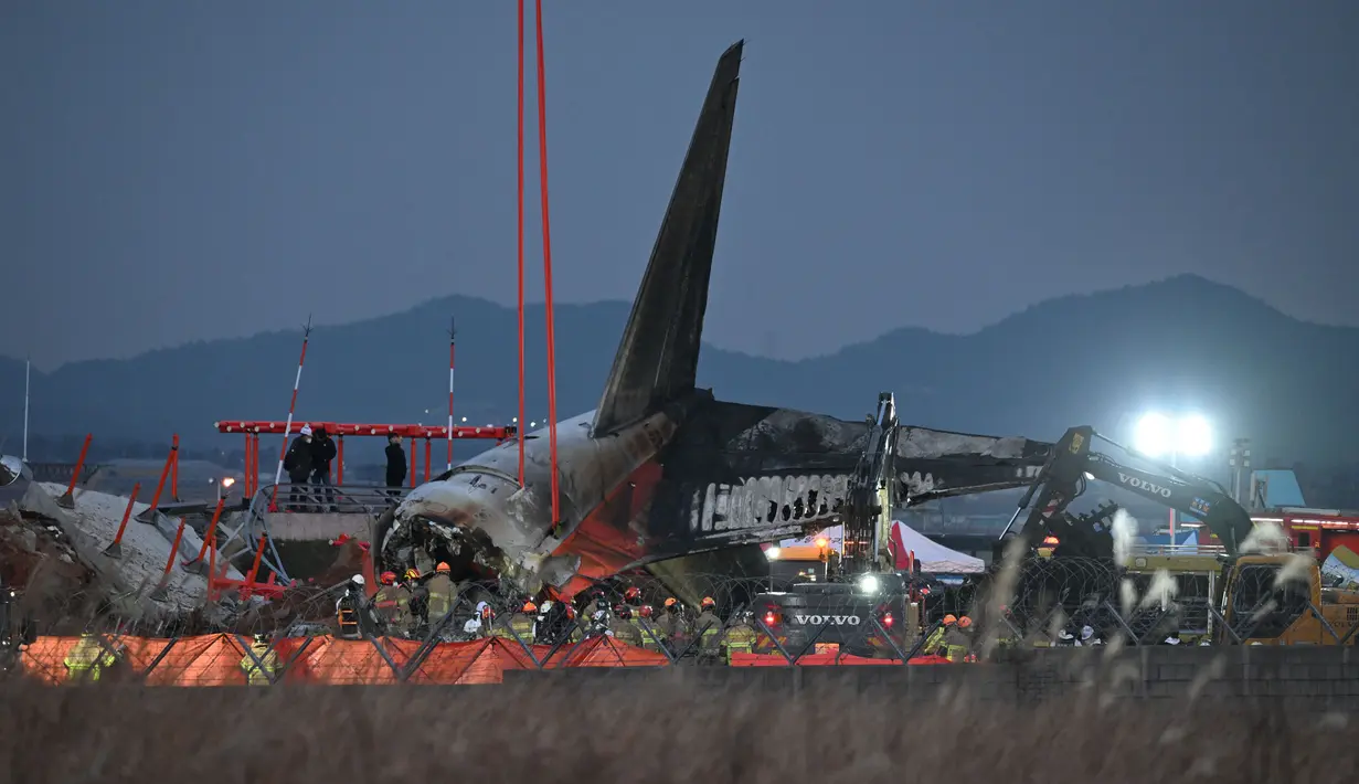 <p>Petugas pemadam kebakaran dan penyelamat masih terus bekerja di dekat lokasi pesawat Jeju Air berjenis Boeing 737-800 yang jatuh dan terbakar di Bandara Internasional Muan, Provinsi Jeolla Selatan, sekitar 288 kilometer sebelah barat daya Seoul, Korea Selatan pada Minggu 29 Desember 2024. (JUNG YEON-JE/AFP)</p>