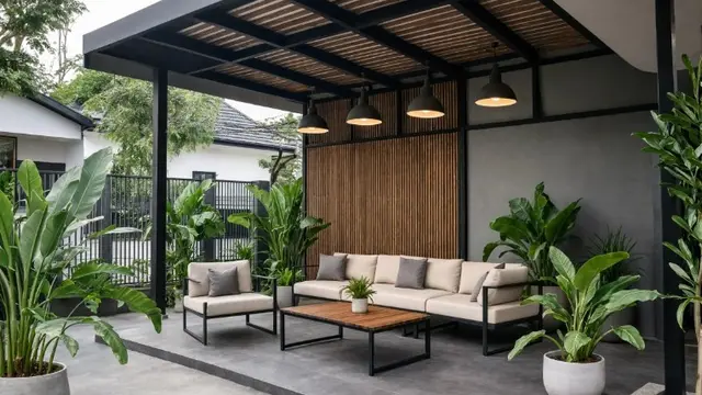 Inspirasi Area Duduk Outdoor di Halaman Belakang dengan Pergola dan Tanaman Hias (AI Generated)