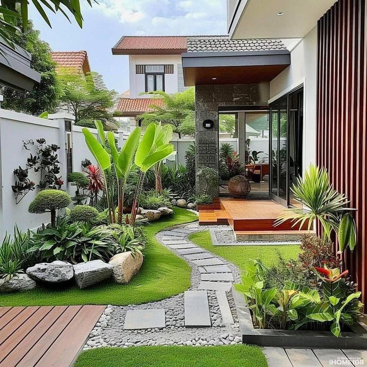 Ilustrasi Taman Depan Rumah Minimalis Lahan Sempit dengan Jalan Setapak (©Pinterest)