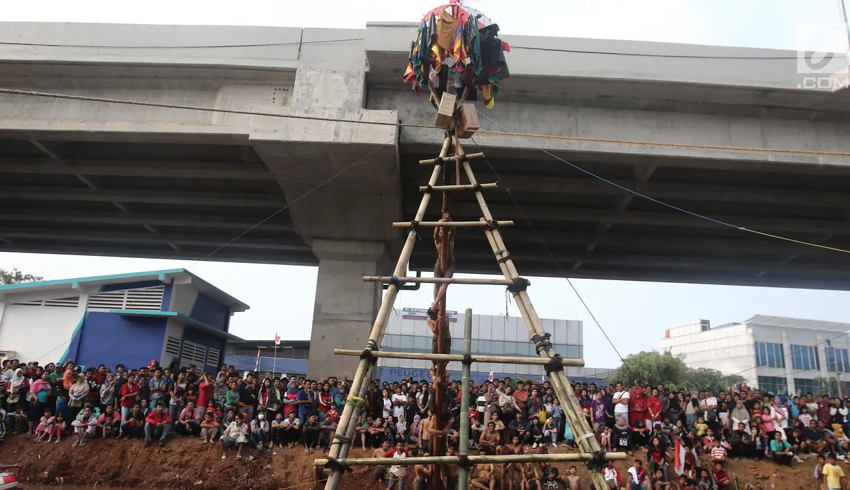Suasana lomba panjat pinang dalam Festival Kalimalang di Cipinang Melayu, Jakarta Timur, Kamis (17/8). Festival Kalimalang ini dalam rangka memeriahkan HUT ke-72 RI. (Liputan6.com/Herman Zakharia)