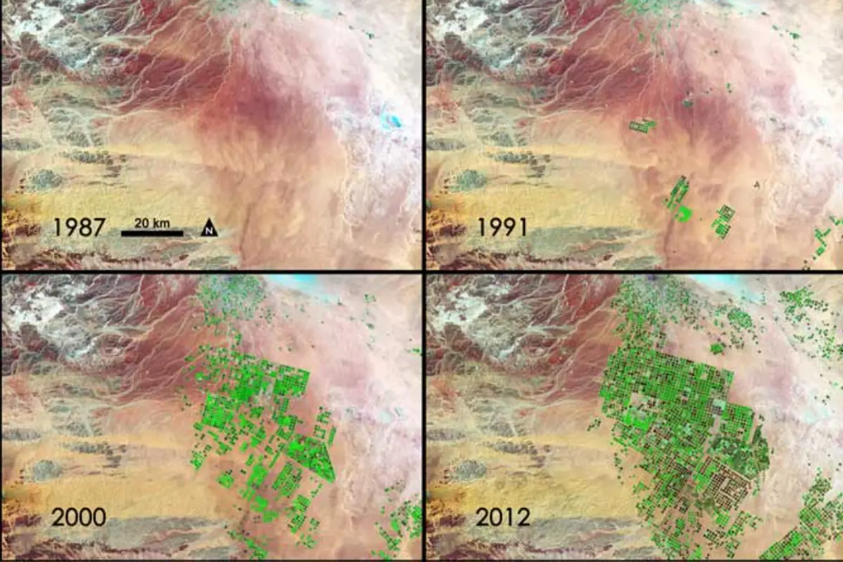Pemandangan hijau dari tahun 1980-an hingga awal 2010-an di utara Arab Saudi.