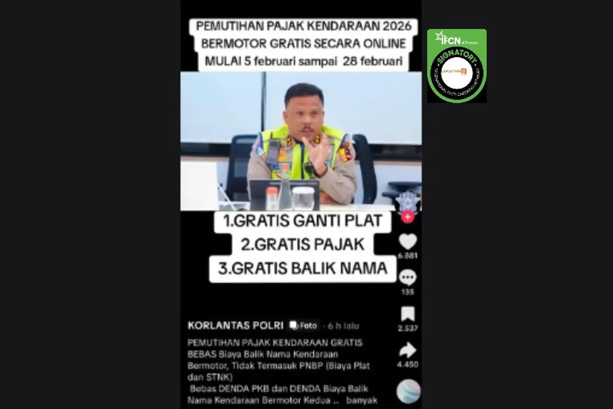 Cek Fakta Liputan6.com mendapati klaim postingan informasi pemutihan pajak kendaraan Februari 2026 dari Korlantas Polri yang beredar di TikTok.