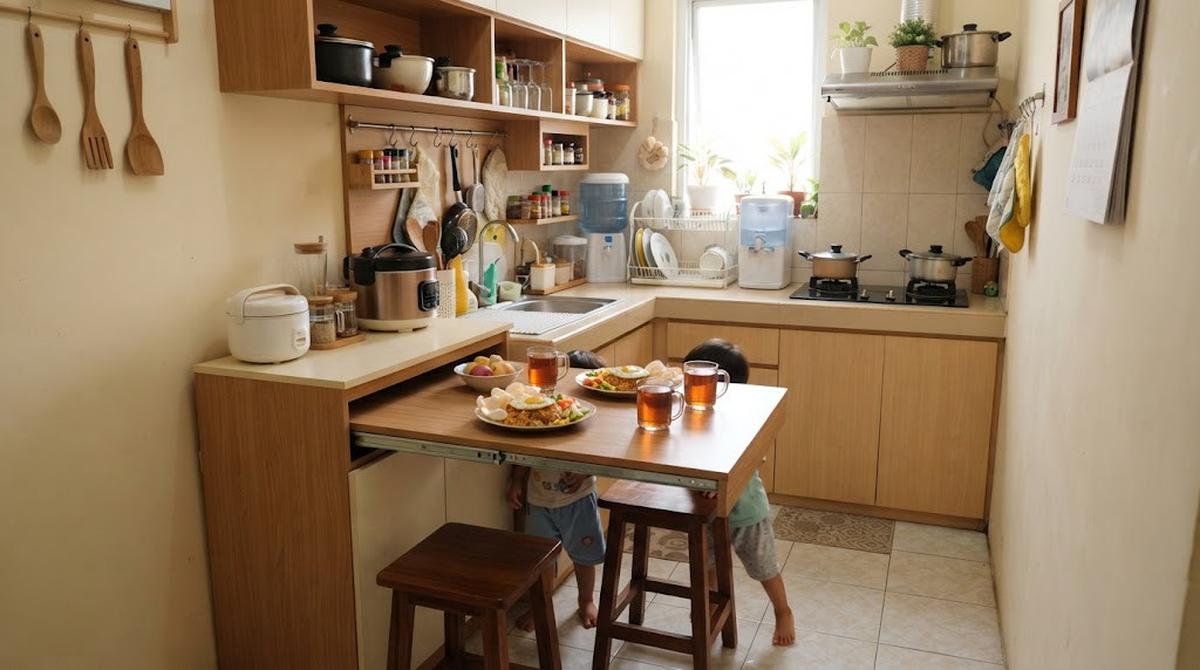 Kabinet Dapur dengan Meja Tarik Tersembunyi