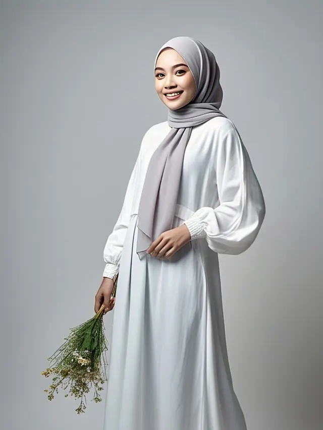 Gamis Putih Longgar dengan Lengan Ballon