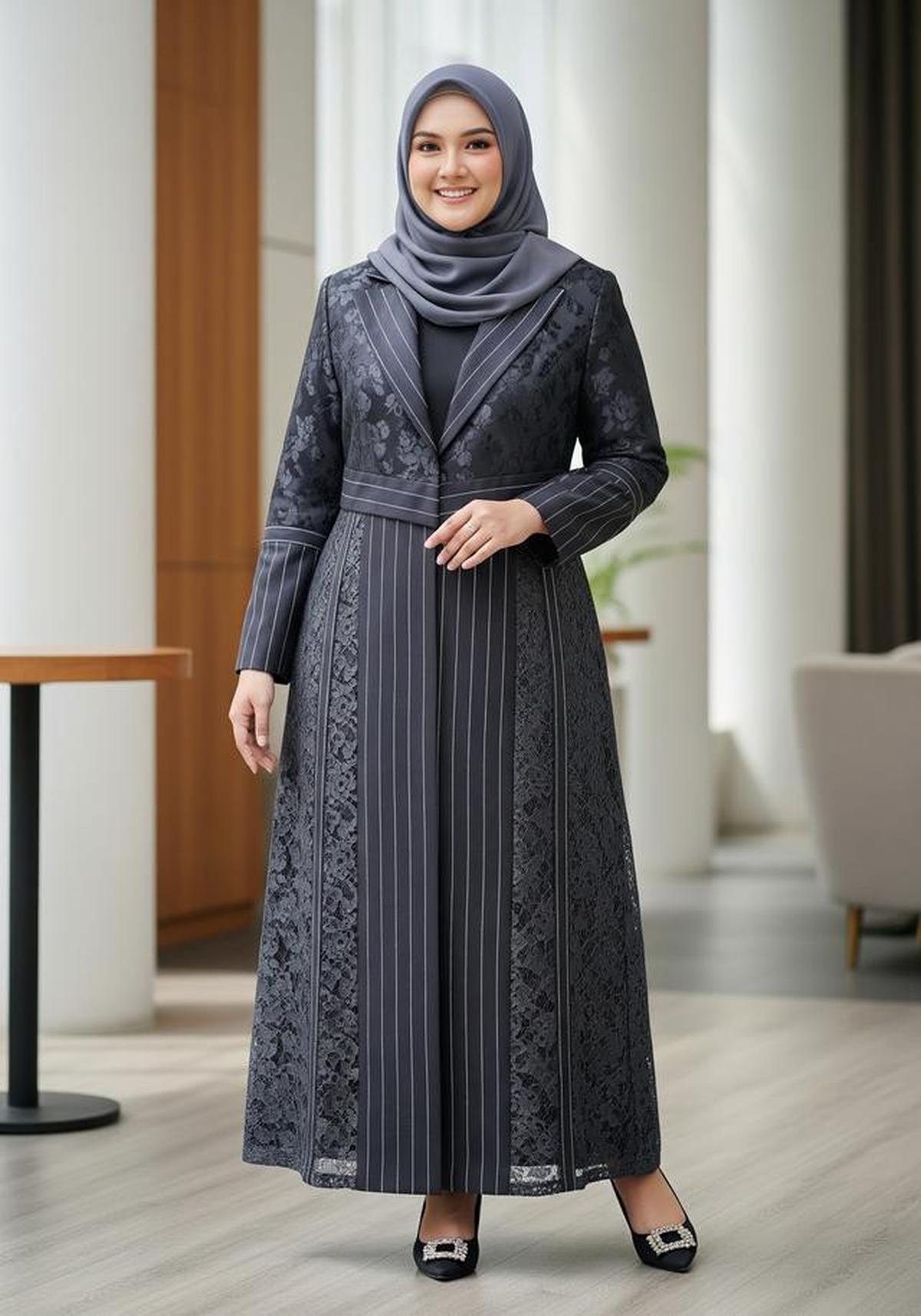 Gamis blazer brokat untuk wanita berhijab dengan tubuh gemuK