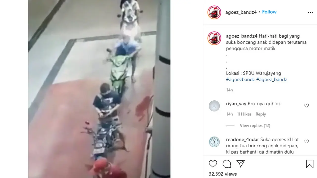 Dalam video yang dibagikan akun Instagram  @agoez_bandz4, terlihat sebuah motor hendak mengisi Bahan Bakar Minyak (BBM) tak mematikan mesin saat menurunkan seorang anak dari bagian depan.