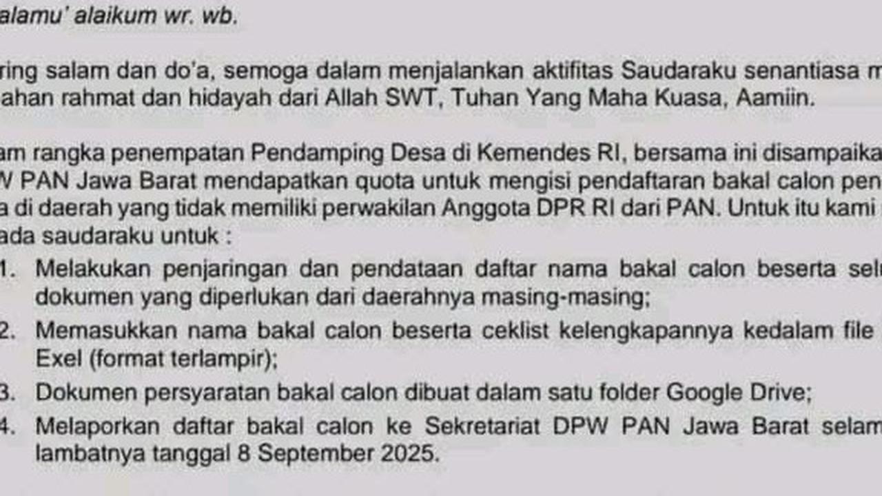 Beredar Surat Kuota Calon Pendamping Desa di Kemendes, Begini Bantahan DPW PAN Jabar