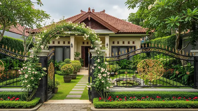 Konsep Rumah Asri dengan Pagar Artistik dan Bunga Mini/Gemini AI