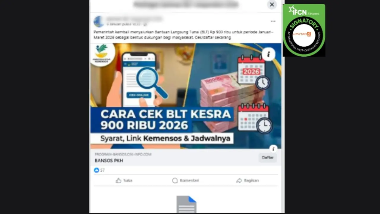 Tangkapan layar klaim link untuk mengecek BLT Kesra periode Januari-Maret 2026 yang beredar di Facebook. Cek faktanya