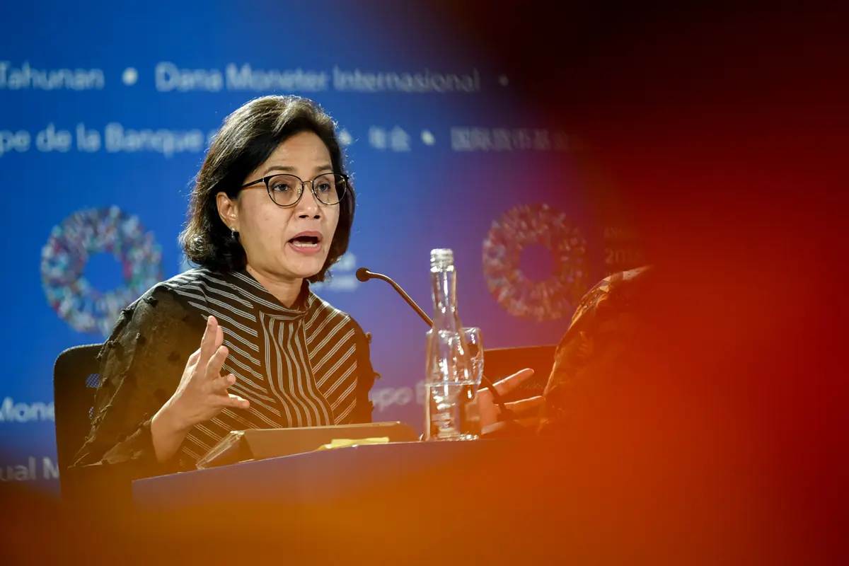 Sri Mulyani pada rangkaian Pertemuan Tahunan IMF-Bank Dunia 2018 di Bali