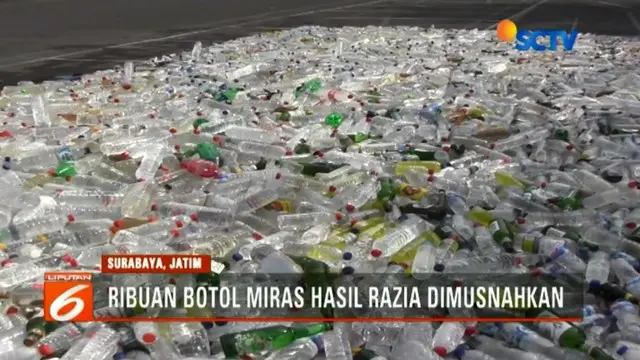 Polrestabes Surabaya memusnahkan 20 ribu botol minuman keras ilegal dan oplosan, hasil Operasi Tumpas Semeru 2018 selama 10 hari terakhir.