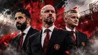 Ilustrasi Ruben Amorim, Erik ten Hag, dan Ole Gunnar Solskjaer, Manchester United. (Bola.com/AI)