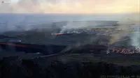 Lava dari gunung berapi meletus di Islandia yang membakar sebuah bangunan dekat kota Grindavik, Minggu 14 Januari 2024. (LIVEFROMICELAND.IS via AP).