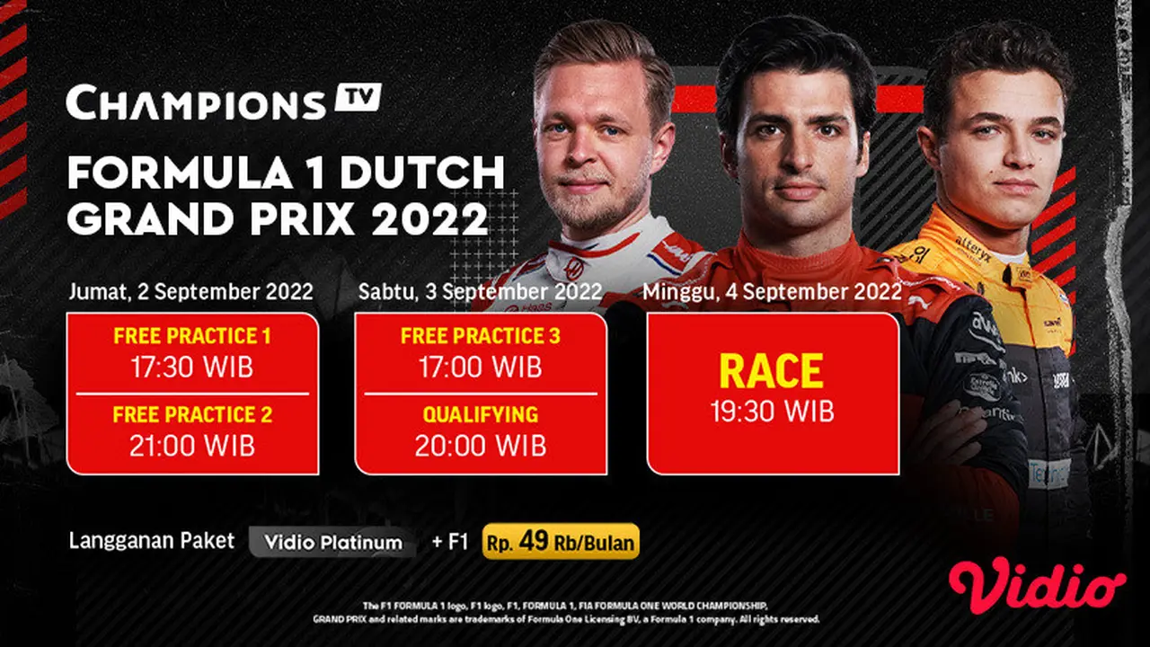Jadwal dan Live Streaming F1 GP Belanda 2022 di Vidio, 2-4 September 2022