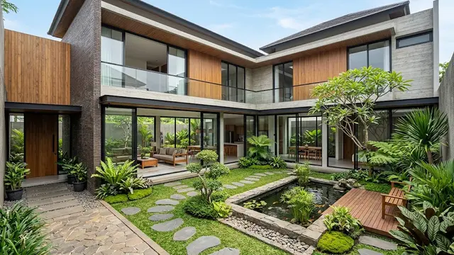 Model Rumah dengan Taman Kecil di Tengah Bangunan