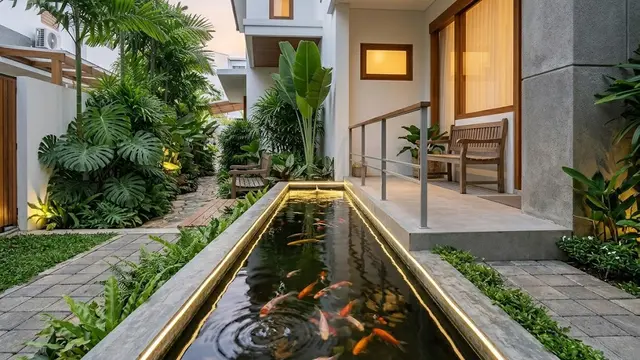 Kolam Ikan Mini Memanjang di Depan Teras