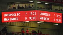 Papan skor di Stadion Anfield menunjukkan Liverpool menang 7-0 atas MU dalam lanjuan Liga Inggris 2022/2023, Minggu (5/3/2023) malam waktu setempat.&nbsp;(AP Photo/Jon Super)
