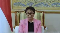 Menteri Luar Negeri Republik Indonesia (Menlu RI) Retno Marsudi dalam pernyataan pers usai kunjungan ke Brussel, Belgia, Jumat (2/2/2024). (Tangkapan Layar Youtube Kemlu RI)
