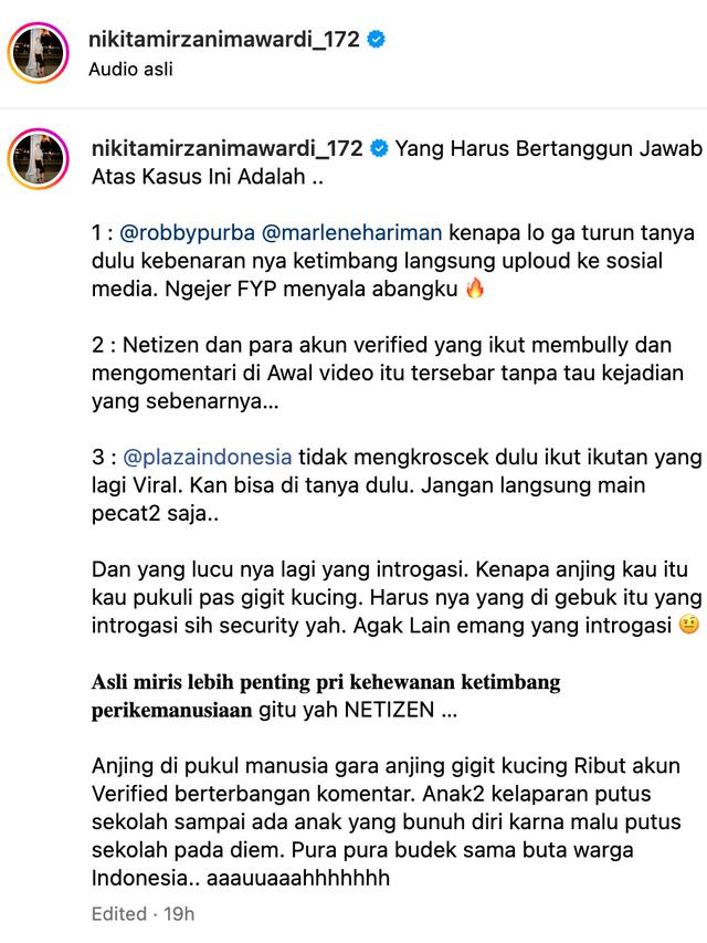Unggahan Nikita Mirzani. (Foto: Dok. Instagram @nikitamirzanimawardi_172)