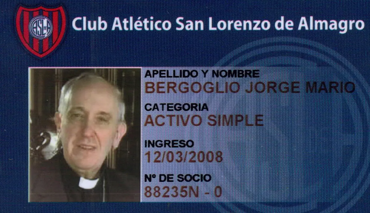 Foto ID card keanggotaan klub San Lorenzo milik Jorge Mario Bergoglio. Ia terpilis sebagai Paus pada 13 Maret 2013 menggantikan Paus Benedikt XVI sebagai pemimpin 1,2 miliar umat katolik. (AFP/Prensa Club San Lorenzo)