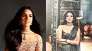 Untuk upacara Sangeet, Radhika Merchant  mengenakan lehenga krem ​​dan emas yang menampilkan blus bahu terbuka yang dihiasi kristal Swarovski, keliman pendek, dan desain yang pas dari rancangan Abu Jani Sandeep Khosla. [@rheakapoor].