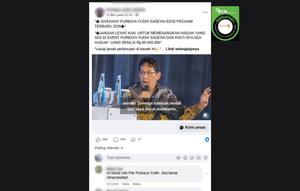 Cek Fakta Liputan6.com mendapati klaim video Menkeu Purbaya Yudhi Sadewa mengumumkan program giveaway uang Rp 85 juta. (Foto: tangkapan layar Facebook)